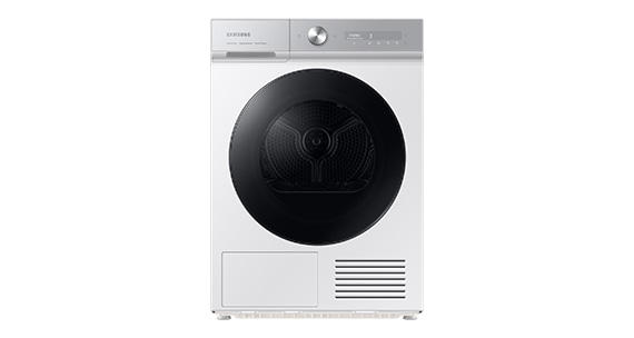 There is a white Bespoke AI™ dryer with a silver-colored panel.