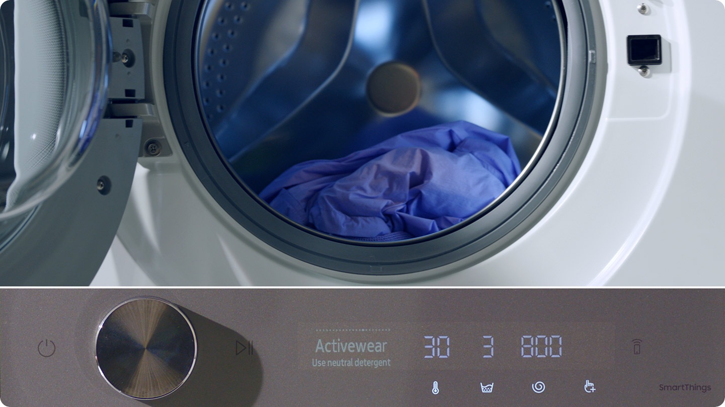 There is a closeup of a Bespoke AI™ washer drum and below that there is a close-up of the control panel. The door to the washer is open and when someone puts different fabrics into the machine, the settings change because each fabric has different washing requirements. The first is light purple colored jacket and the text Every Monday 8PM Activewear is in the right corner. The text on the panel is Activewear Use neutral detergent. Then there is a transition to a yellow blanket and there is the text Every Sunday 11AM Bedding in the right corner. The text on the panel is Bedding Bed sheets & light duvets. Then there is a third transition to a blue shirt and the text in the bottom right corner is Every Friday 5PM Shirts. The text on the panel is Shirts Quickly wash a few.