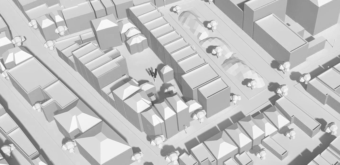 An illustrative image of 3D ray-tracing simulation showing the possible propagation path from the base station and buildings are classified with different colors depending on the strength of the receiving signal.