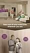 A woman carries two mugs to her husband who is sitting on the couch. The kitchen nearby has a refrigerator, dishwasher, cooktop, and hood. A robot vacuum cleaner cleans the floor. Take care of your loved ones wherever you are. Below, another couple stands together. The man holds a smartphone and says Appliance tell us about parents' well-being! The woman points to his phone and says How about calling them for dinner?