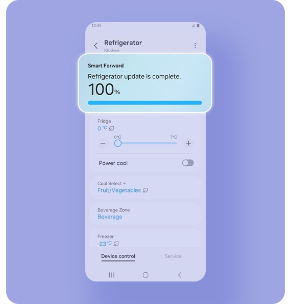 Smart Forward pop-up indicates that the refrigerator update is 100% complete.