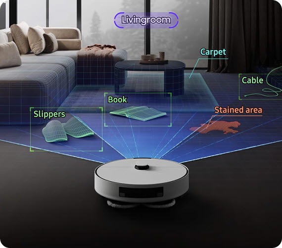A Samsung Jet Bot Robot Vacuum scans the livingroom using AI Object Recognition and detects objects on the floor sequentially: slippers, book, carpet, cable, and stained area.