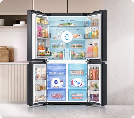 All four doors of a Samsung Bespoke fridge are open. The upper and lower left and right compartements have separate cooling systems. Their current settings are indicated by three different icons and blue boxes.