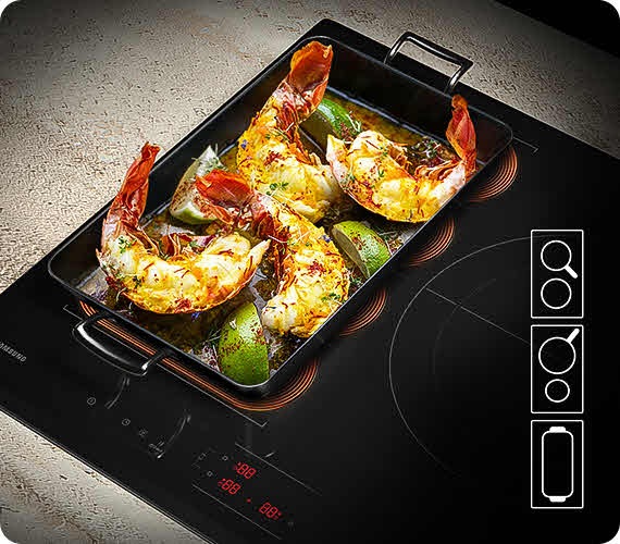 A close-up of the Flex Zone Plus with 3 icons indicates that different types of cookware can be used. An empty glass casserole on the cooktop is filled with shrimp and lime.