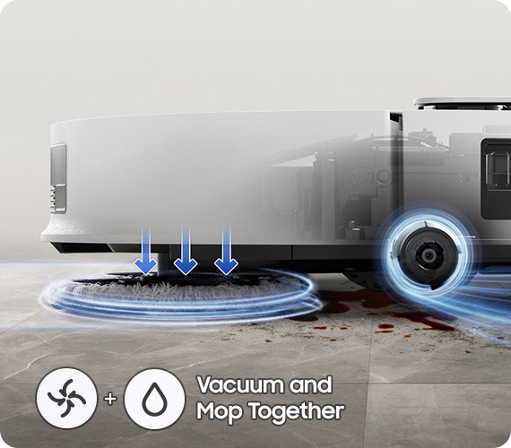A Jet Bot Combo robot cleaner vacuums and mops the floor together as indicated by lines and arrows. There are icons for vacuum and mop together. Next, both functions are demonstrated separately, with vacuuming as step 1 and mop cleaning as step two. The component in action is indicated by lines surrounding it.