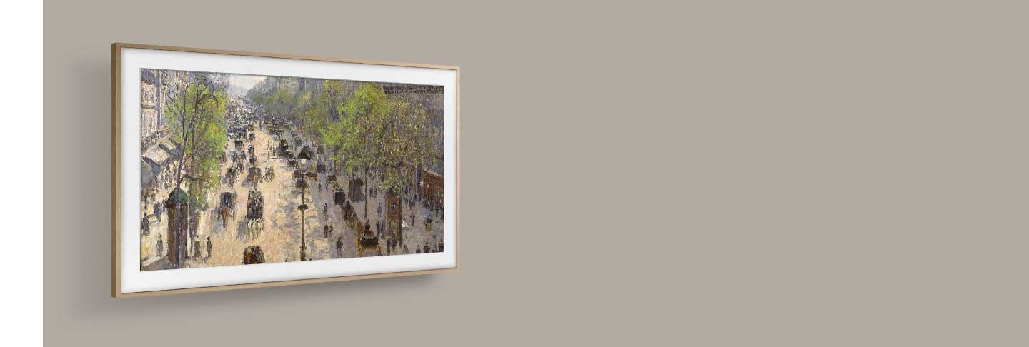 The Frame is hanging on a wall via a Full Motion Slim Wall Mount. It is swiveling left and right and tilting up and down.