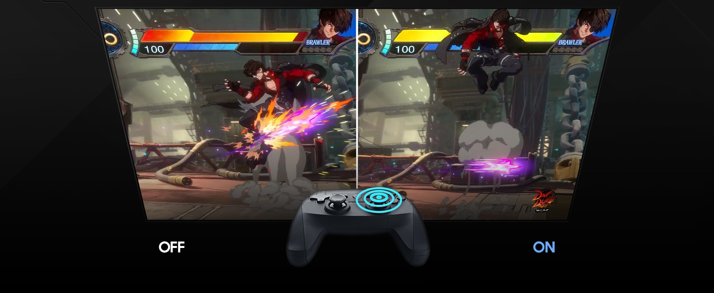 A split screen displays the same brawler character on both sides. With Auto Low Latency Mode turned Off on the left side, the character is unable to dodge a blast. With Auto Low Latency Mode turned On in the right side, the screen reacts faster to the controller, allowing the character to dodge the blast.