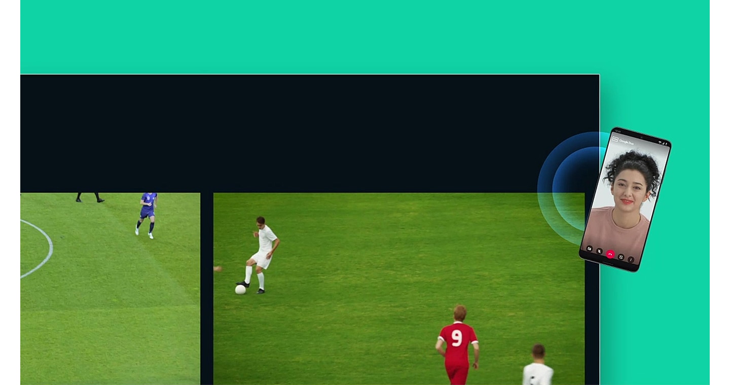 Two different soccer matches are on a Samsung Smart TV at once and the Galaxy S21 smartphone is tapped on the screen with the video call showing a woman talking.