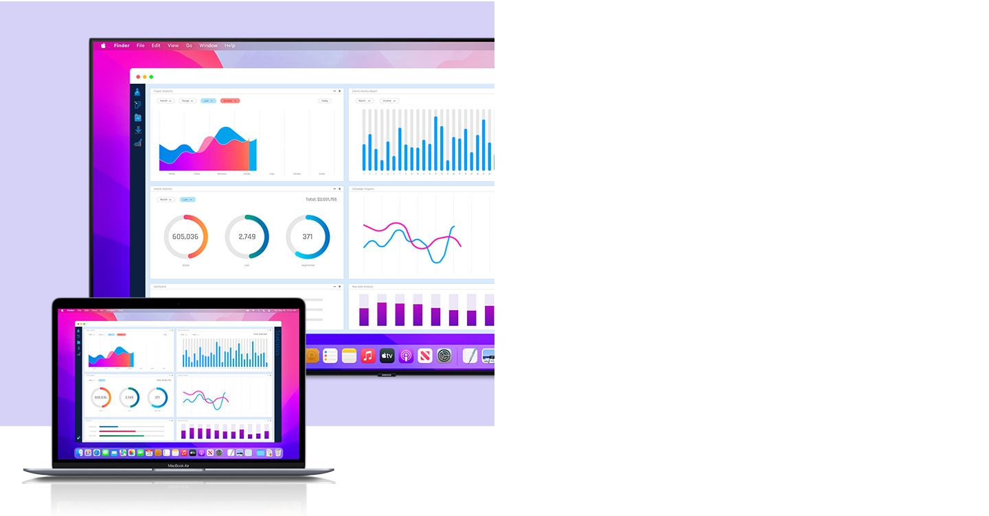 Graphs and analytical materials on an Apple device is mirrored on a Samsung Smart TV.