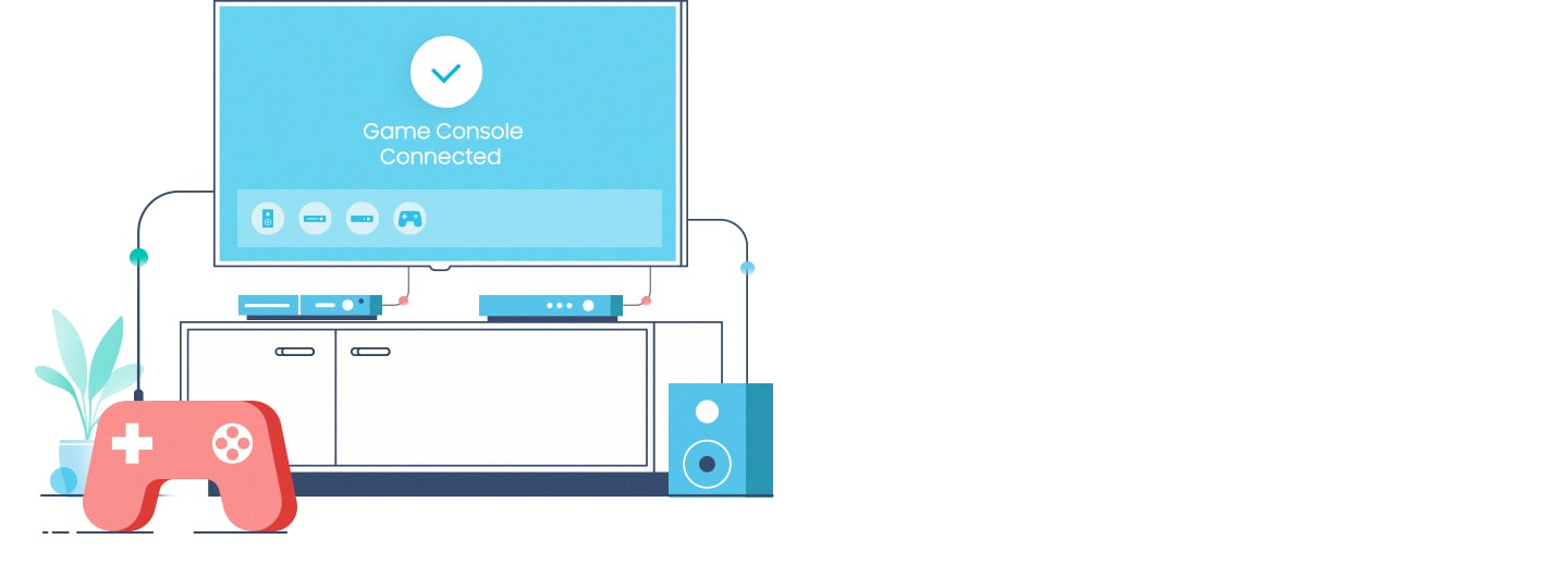 Illustrated animation of game console cord being plugged into Samsung Smart TV, and the smart TV automatically detecting and recognizing the game console, and showing message on screen that says game console is connected.