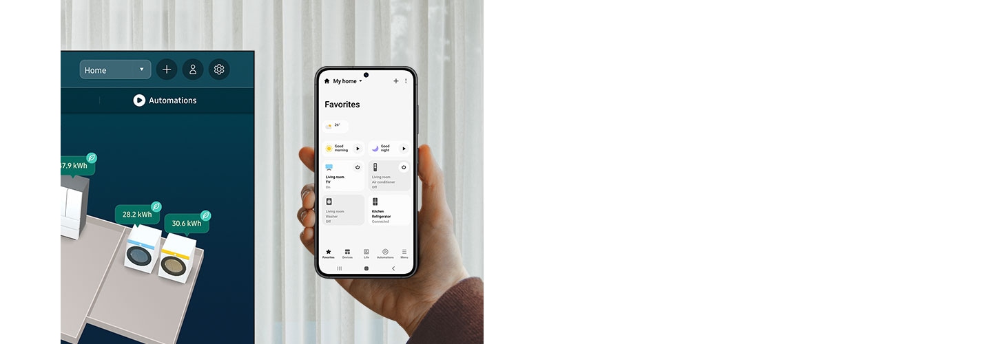 A person is holding a smartphone displaying the SmartThings home screen. With a tap, they access the Life category, where various home management options are available. They proceed to select 'Energy' to view the electricity consumption in real-time. Upon selecting 'Energy,' the screen displays the amount of electricity being consumed by various devices in the home. One of the devices highlighted is the TV. The person then turns on the AI Energy Mode.