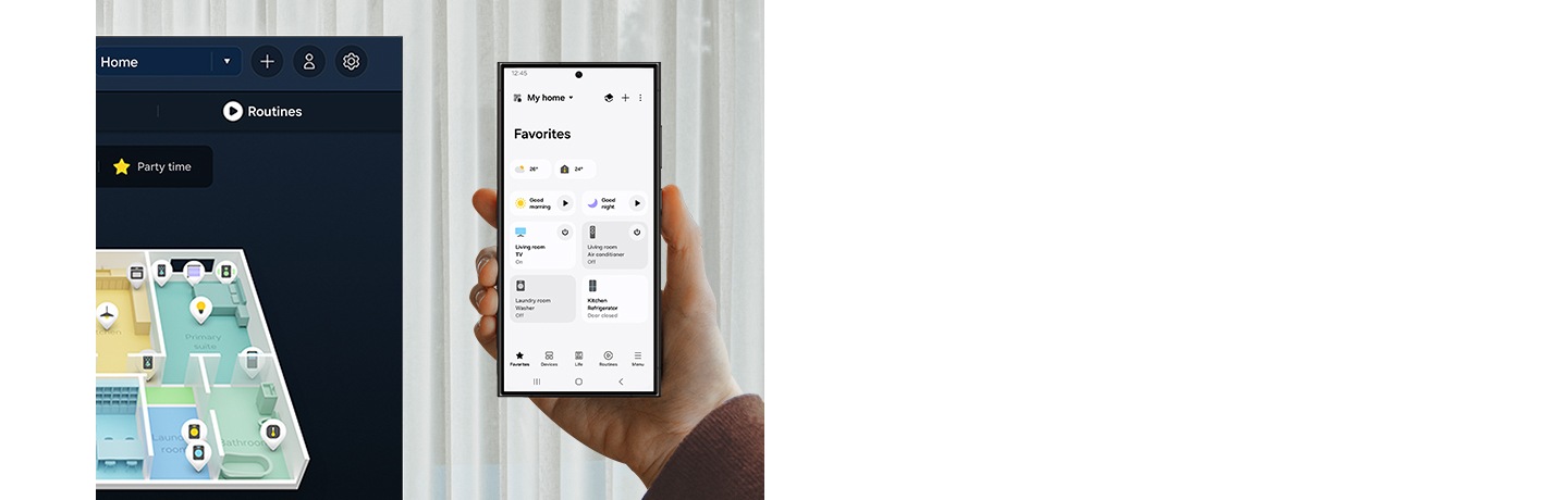 Samsung Smart TV показує 3D-карту. Неподалік, рука тримає смартфон, на якому показано головний екран SmartThings. Одним дотиком, смартфон отримує доступ до категорії Life, де доступні різні варіанти керування будинком. Далі обирається Споживання енергії, щоб переглянути споживання електроенергії в режимі реального часу. Після вибору Споживання енергії, на екрані показується кількість електроенергії, яку споживають різні пристрої в будинку. Одним із виділених пристроїв є телевізор. Потім людина вмикає режим AI Energy.