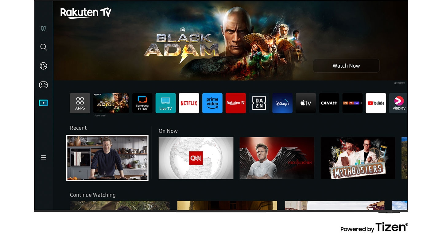 The Smart Hub home screen is being scrolled down from top to bottom. The screen showcases an array of popular apps, streaming services, and recommended content powered by TIZEN.