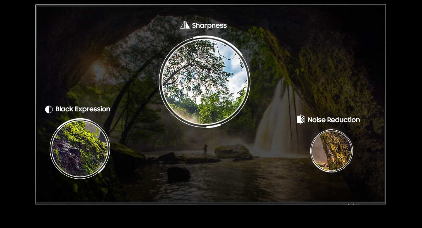 A crisp nature scene displayed on a 50 inch TV loses clarity when enlarged on a 98 inch TV. However, with the AI Neural Quantum Processor 4K chip's advancements in black expression, sharpness enhancement, and noise reduction, the once blurry scene transforms into a vivid and clear focal point on the 98 inch TV.