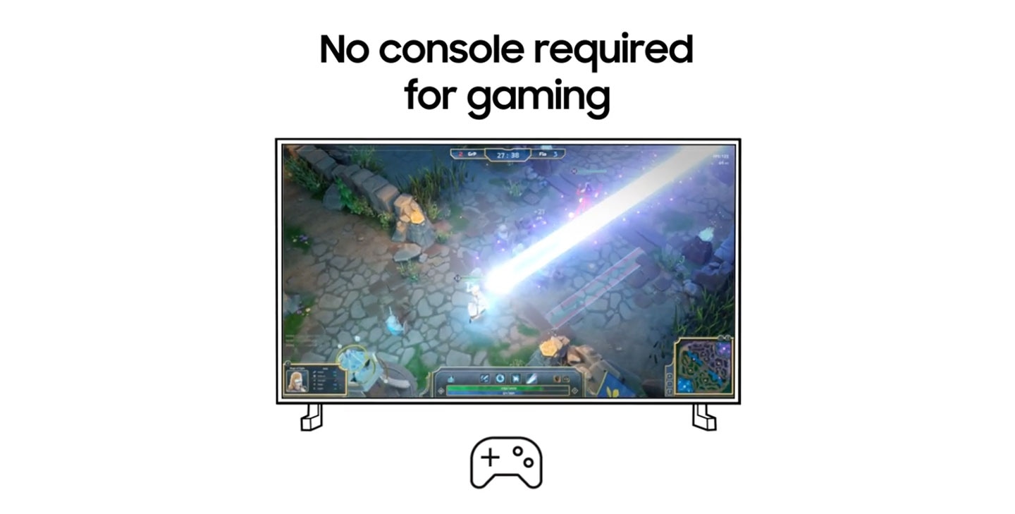 A Samsung TV is showcasing a game scene, complete with a controller illustration below. The text No console required for gaming is on top of the TV.