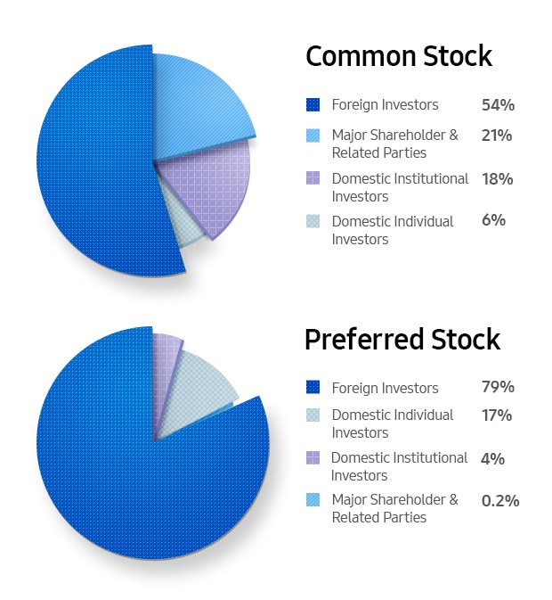 Common Stock. Foreign Investors 55%. Major Shareholder & Related Parties 21%. Domestic Individual Investors 19%. Domestic Individual Investors 6%, Preferred Stock. Foreign Investors 79%. Domestic Individual Investors 17%. Domestic Institutional Investors 4%. . Major Shareholder & Related Parties 0.2%