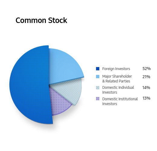 Common Stock. Foreign Investors 52%. Major Shareholder & Related Parties 21%. Domestic Individual Investors 14%. Domestic Institutional Investors 13%