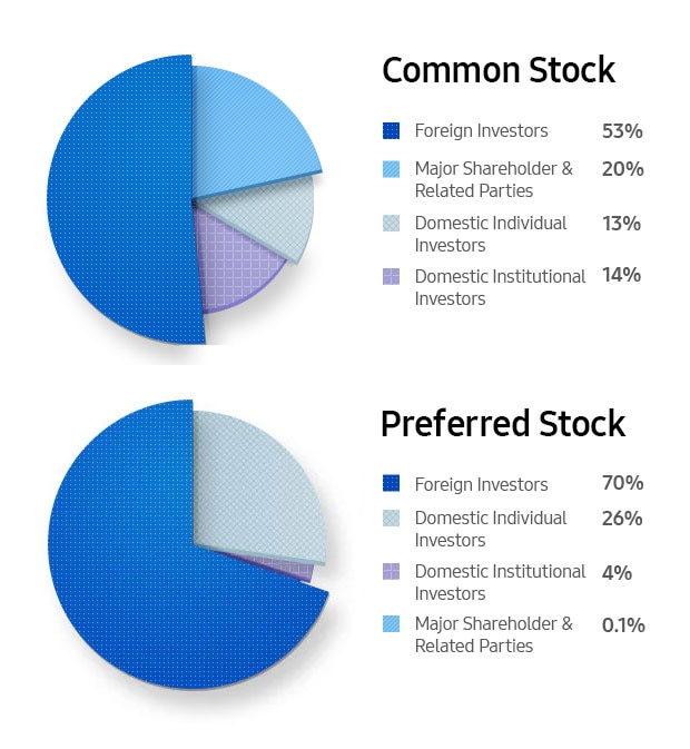 Common Stock. Foreign Investors 53%. Major Shareholder & Related Parties 20%. Domestic Individual Investors 13%. Domestic Institutional Investors 14%, Preferred Stock. Foreign Investors 70%. Domestic Individual Investors 26%. Domestic Institutional Investors 4%. Major Shareholder & Related Parties 0.1%