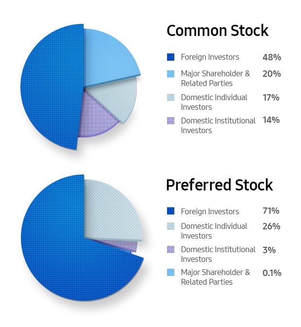 Common Stock. Foreign Investors 48%. Major Shareholder & Related Parties 20%. Domestic Individual Investors 17%. Domestic Institutional Investors 14%, Preferred Stock. Foreign Investors 71%. Domestic Individual Investors 26%. Domestic Institutional Investors 3%. Major Shareholder & Related Parties 0.1%