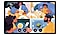 An illustration of a family group chat, transposed onto a Galaxy Tab S7. The screen is split into four quadrants with the mother at the bottom left quadrant, a father at the bottom right quadrant, a grandmother at the top left quadrant and a young child at the top right quadrant. They are having a virtual dinner together while staying apart through a Google Duo group video call.