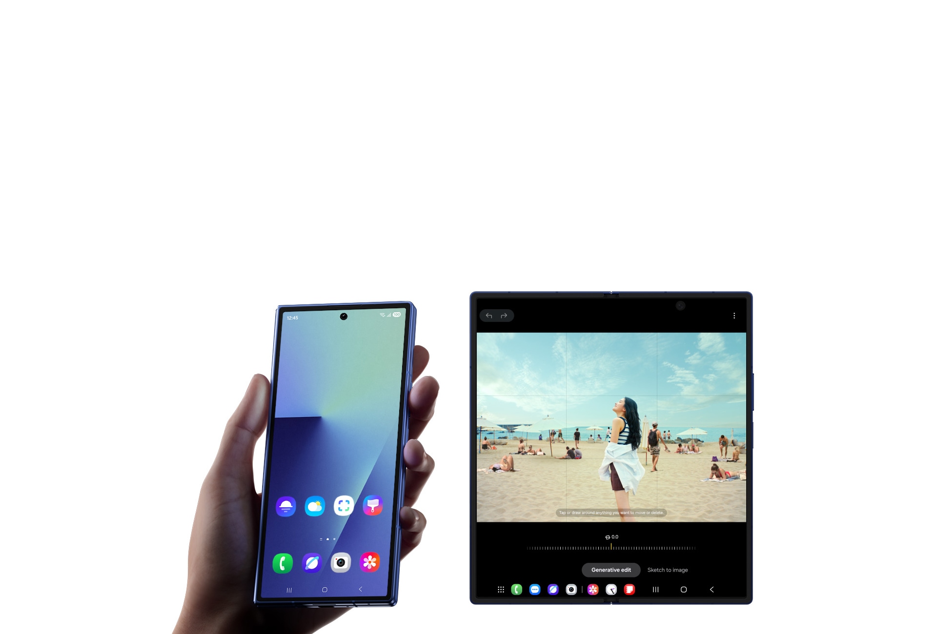 Ruka drži preklopljeni Galaxy Z Fold7 u boji Blue Shadow, viđen sa spoljnog ekrana. Pored njega se vidi još jedan Galaxy Z Fold7 u istoj boji, ovaj put otvoren, sa glavnim ekranom na kojem je prikazana žena na plaži. Pojavljuje se Photo Assist sa opcijama Generativna izmena i Skica u sliku.
