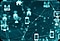 A teal-toned image depicting a web of interconnected smart device symbols including icons for smartphones, desktops and homes