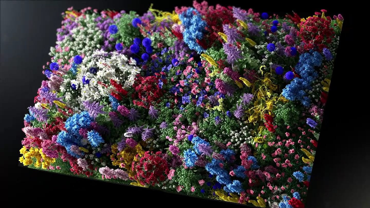 Flowers of various colors are gathered. Each color is clearly expressed and the screen rotates to show three-dimensional flowers.