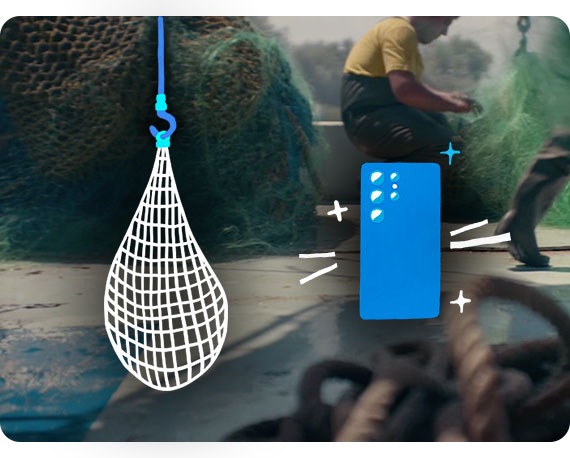 Ένας ψαράς ξεμπλέκει ορισμένα δίχτυα ψαρέματος στο παρασκήνιο. Στο προσκήνιο υπάρχει μια εικόνα ενός λευκού διχτυού ψαρέματος και μια συσκευή Samsung Galaxy.