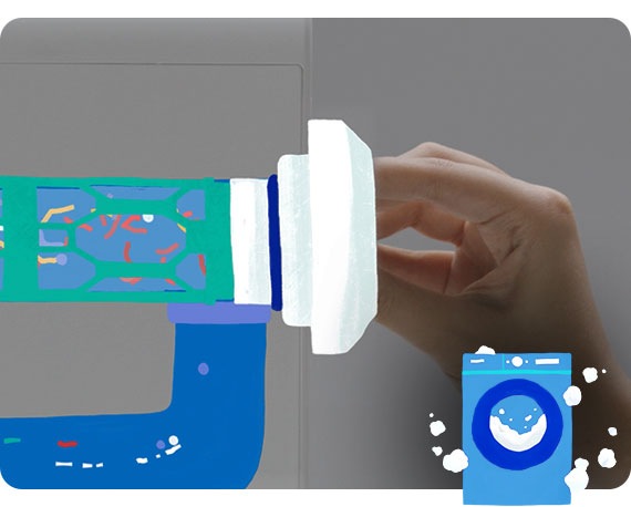 Εμφανίζεται ένα κοντινό ενός χεριού που τοποθετεί το Less Microfiber™ Filter στη θέση φίλτρου νερού ενός απεικονιζόμενου πλυντηρίου και το χρωματιστό κομφετί απεικονίζει τα μικροπλαστικά που απελευθερώνονται από το πλυντήριο. Υπάρχει μια απεικόνιση ενός μπλε πλυντηρίου στην κάτω δεξιά πλευρά.