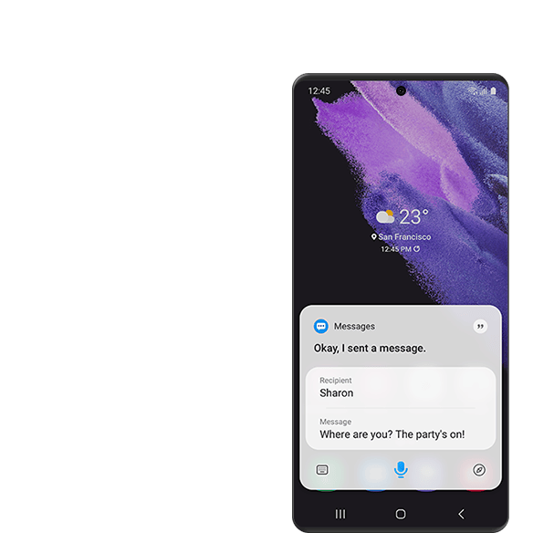 壹張Galaxy手機屏幕照片，顯示使用Bixby的控制功能發送給Sharon的短信，短信內容為“哪兒呢？派對已開，速來！”。