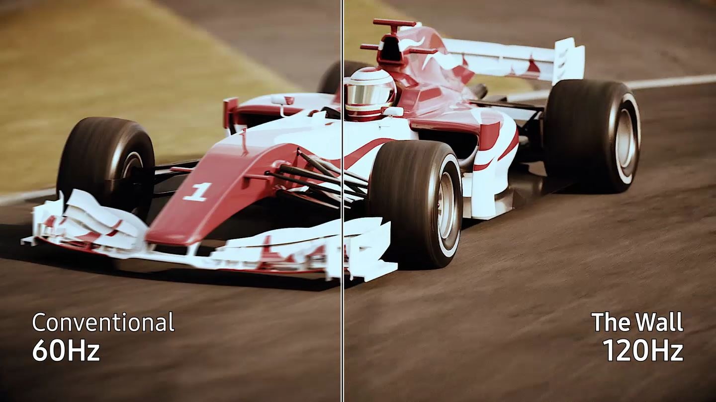 A racing car passing by. We are comparing Conventional 60Hz and The Wall 120Hz. The Wall 120Hz car shows smoother motion.