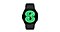 A Galaxy Watch4 in black with a big green figure 8 on it.