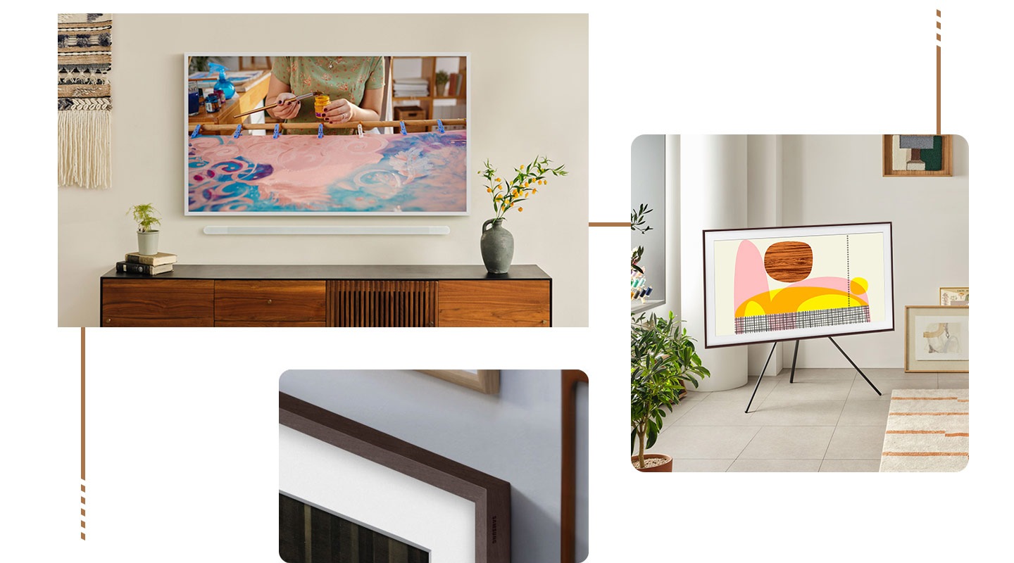 The Frame is placed on a stand displayed next to pictures on a wall. A corner of a customizable frame is on display and keeps changing its bezels.