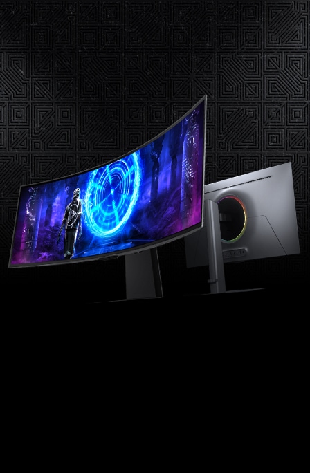 An ultrawide curved gaming monitor with game screen and a back design of gaming monitor