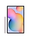 黑色Galaxy Tab S6 Lite,屏幕上帶有彩色牆紙。 粉色S筆站立在它的左側。