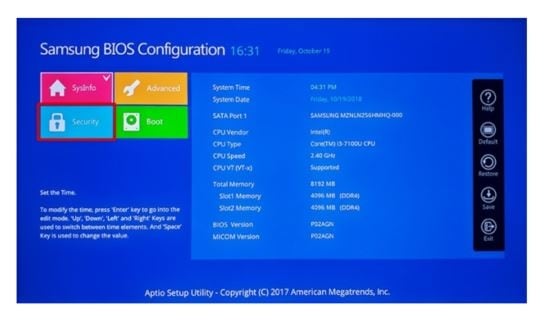 三星 BIOS 配置, 保安
