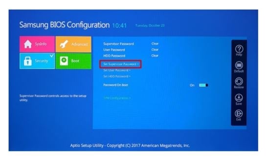 三星 BIOS 設定, 超級使用者密碼, 使用者密碼, 硬碟密碼