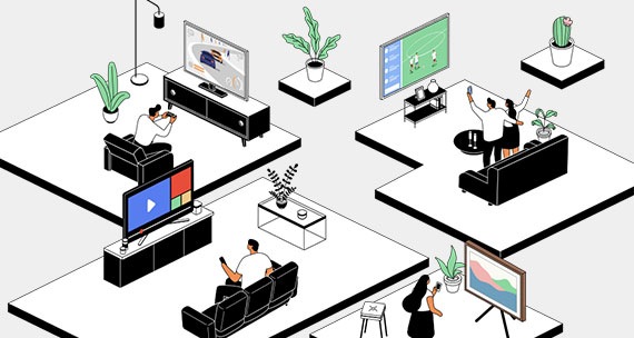 Samsung TVs are shown in different kinds of living rooms with users enjoying their screens by watching sports, playing games, displaying art and using the Samsung Tizen OS.