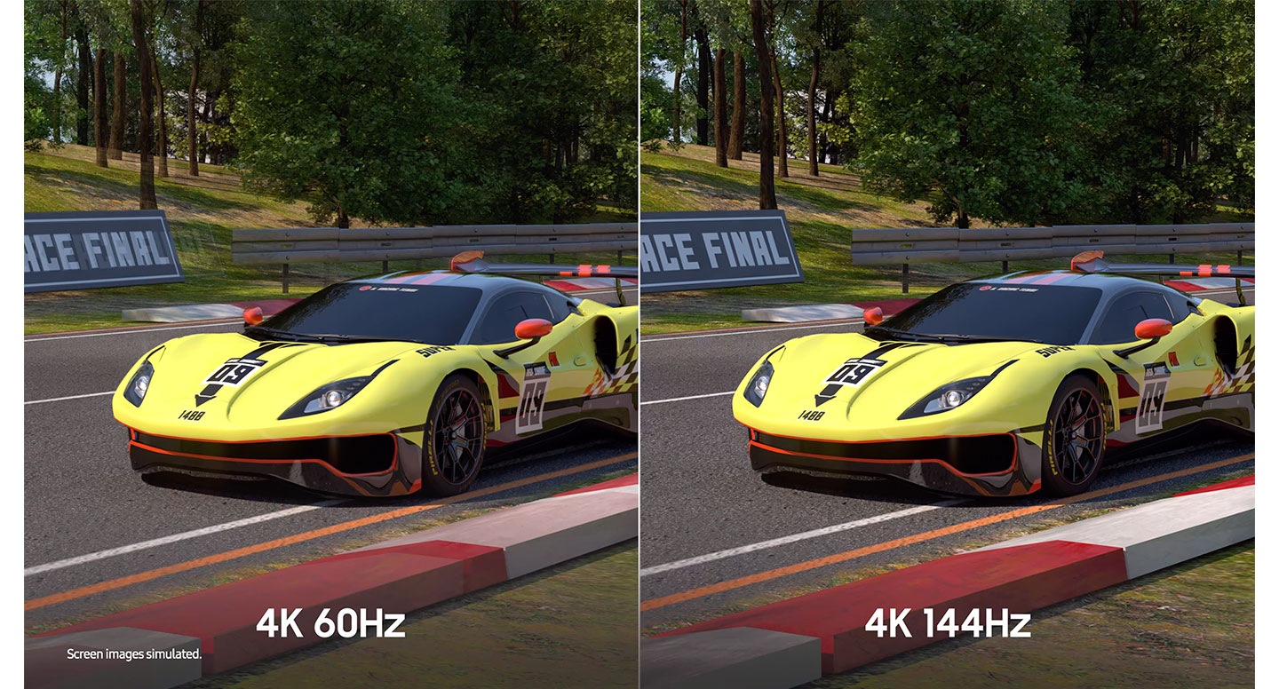 4K 60Hz 和 4K 144Hz 下並排對比顯示同一輛賽車進行比賽。文本屏幕圖像模擬顯示在底部。