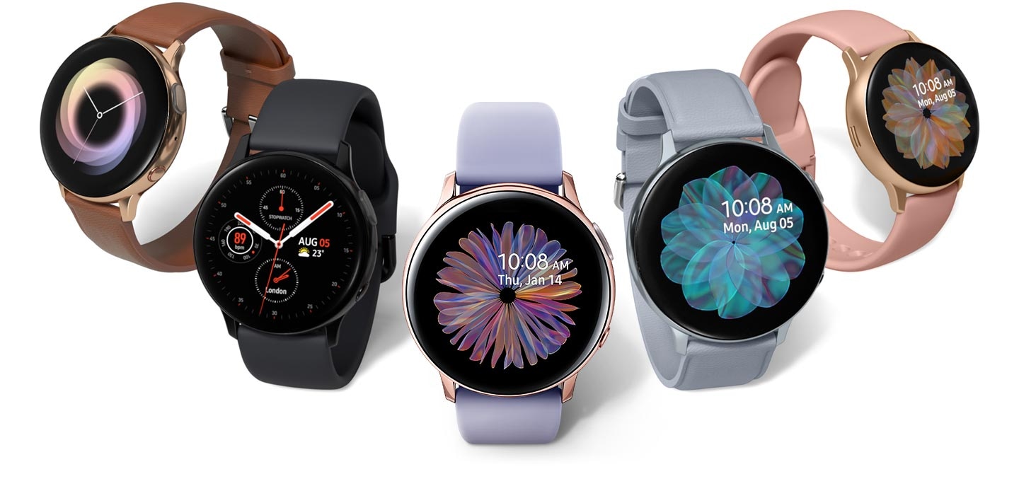 Five Galaxy Watch Active2 models side by side in a range of colors and materials: Gold Watch with Brown Leather Strap, Black Watch with Aqua Black Sport Band, Rose Gold Watch with Violet Sport Band, Cloud Silver Watch with Cloud Silver Leather Strap, and Gold Watch with Pink Sport Band.
