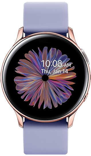 Five Galaxy Watch Active2 models with Green Sport Band, Orange Leather Strap, Violet Sport Band, Pink Leather Strap, and Aqua Black Sport Band are grouped together with various watch colorways that can create different combinations.