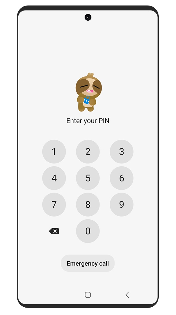 A GUI shows the Samsung Kids PIN lock screen with a prompt to enter your PIN and an emergency call button below the keypad.