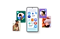Galaxy smartphone is displaying different Apps & Services icons. On both sides of the smartphone, individuals can be seen using Galaxy devices and in poses associated with Galaxy Apps & Services.