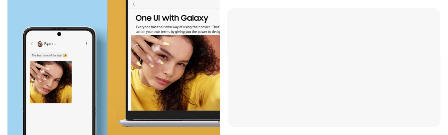 A Galaxy S22 and GalaxyBook next to each other featuring the same selfie portrait of a woman.