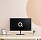 A beige-pink background. A monitor on top of the wooden table with a big search icon.