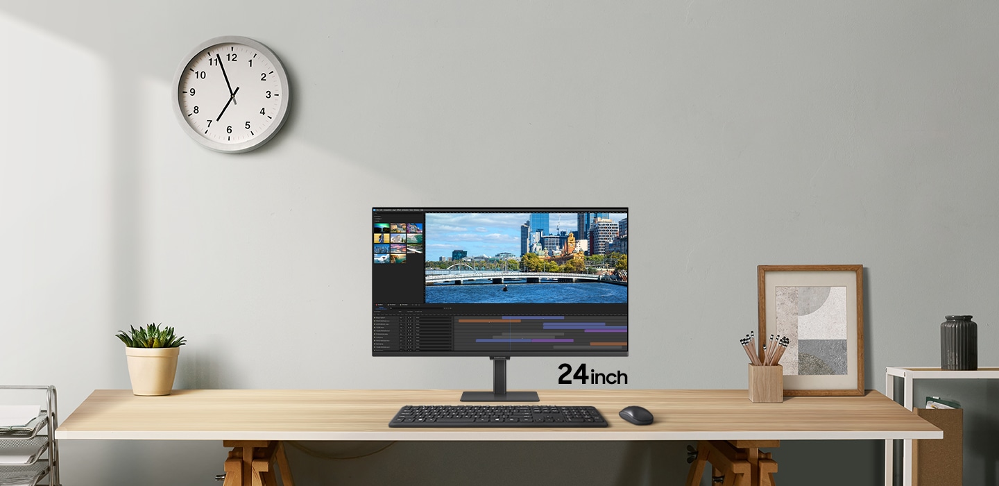 A modern office setup with the monitor size increasing from 24 inches to 49 inches. As the monitor size increases, the screen shows a video editing app and a website side-by-side.