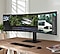 A curved monitor showing a video editing app and an image editing app.