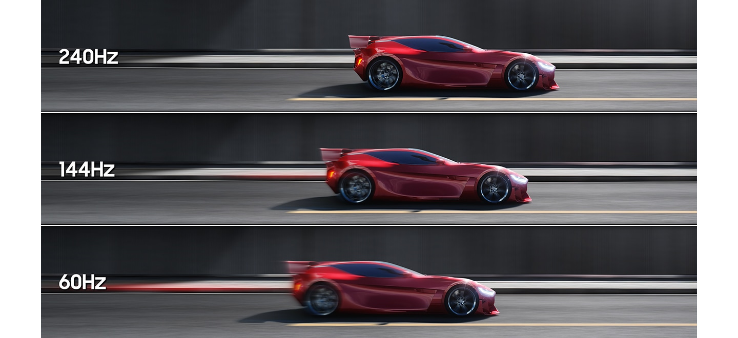 Three identical cars racing at 240Hz, 144Hz and 60Hz. The car moves smoother at 240Hz, while the cars at 144Hz and 60Hz move slowly with stutter and lag.