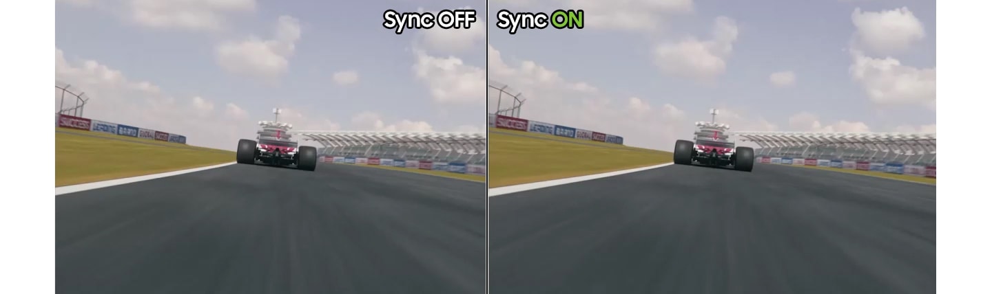 Two identical scenes showing a race car racing on the tracks. Sync OFF shows screen tearing while Sync ON shows a smooth visual.