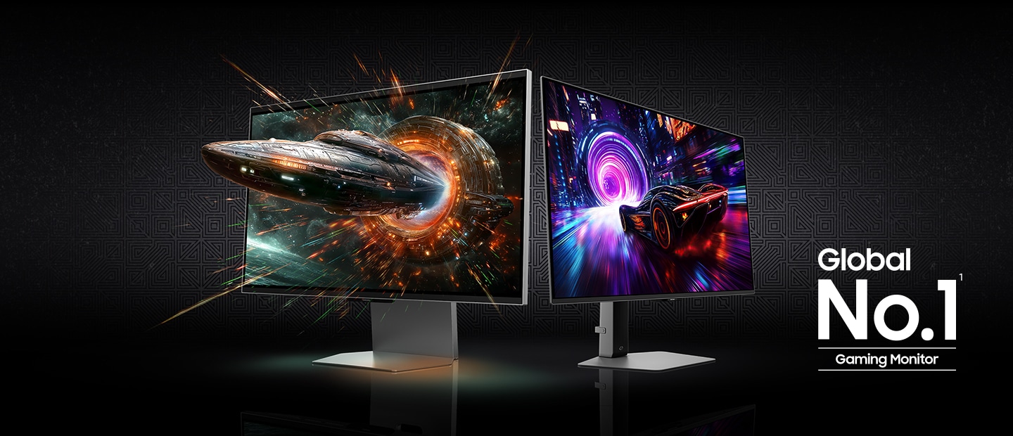 Different sizes of neon circles rotating in the center to reveal a back panel of an Odyssey monitor. The back panel turns to show two Odyssey monitors. One monitor shows a spacecraft coming out of the screen, while the other shows a race car driving towards a neon tunnel. Global No.1 Gaming Monitor 1 Brand logo.